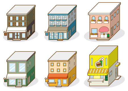 illustration of a set of buildings in different colors on a white backgroundのイラスト素材