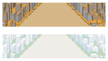 Set of horizontal banners with cityscape and buildings. Vector illustration.のイラスト素材