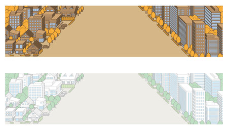 Set of horizontal banners with houses in the city. Vector illustration.のイラスト素材