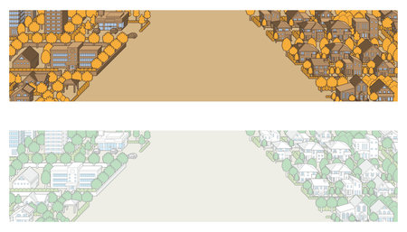 Set of horizontal banners with houses and trees in autumn. Vector illustration.のイラスト素材