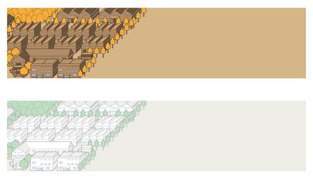Set of horizontal banners with houses and trees in autumn. Vector illustration.のイラスト素材