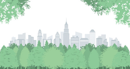 Cityscape with green trees. Vector illustration. Eps 10 vector file.のイラスト素材