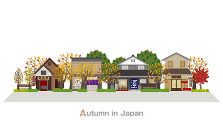 Illustration of a Japanese townscape. Autumn in Japan.のイラスト素材