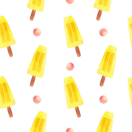 Seamless pattern with watercolor ice cream on stick. Hand painted summer dessert background.の写真素材