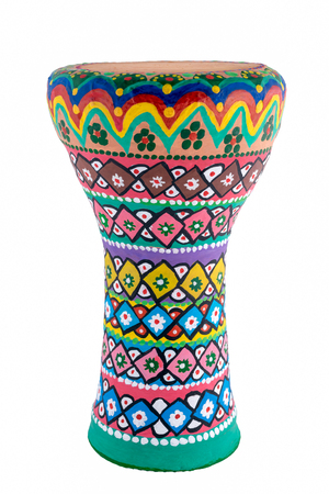 Front view of a colorful painted goblet drum (also chalice drum, tarabuka, darbuka, debuka, doumbek, dumbec, dumbeg, dumbelek, toumperleki, or tablah), is a single head membranophone with a goblet shaped body used mostly in the Middle East, North Africa, の写真素材