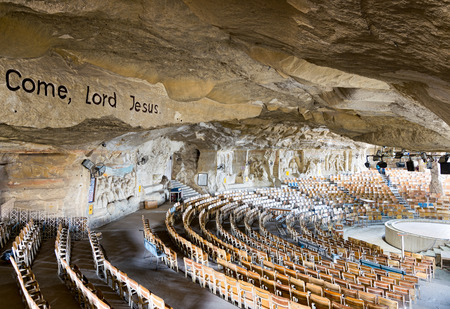Cairo, Egypt - December 18, 2016: St. Samaan the Tanner Hall with murals engraved on the rocks representing scenarios from the Bible, part of a huge cave in Saint Samaan The Tanner Monasteryのeditorial素材