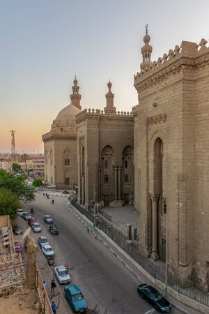External view of Al Rifai and Sultan Hasan historical mosques from Al Rifai Street, Old Cairo, Egypt