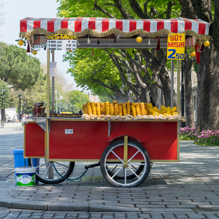 Traditional Turkish chestnut and corn cart in Sultan Ahmed Square, Istanbul, Turkey