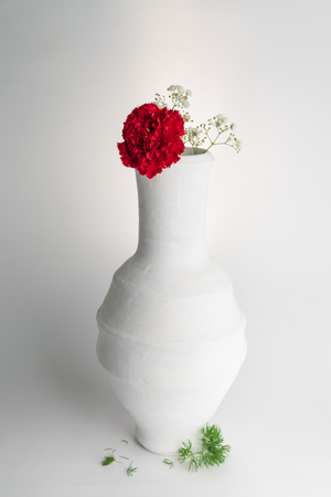 Still life composition of white pottery vase and red flower on white backgroundの写真素材