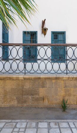 Wrought iron decorative balustrade, with wooden handrail in front of white wall with three green...