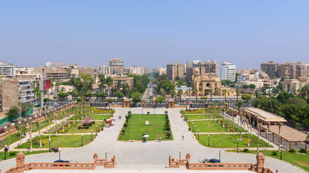 Cairo, Egypt- July 30 2020: View of garden of Baron Empain Palace with Heliopolis district in the...