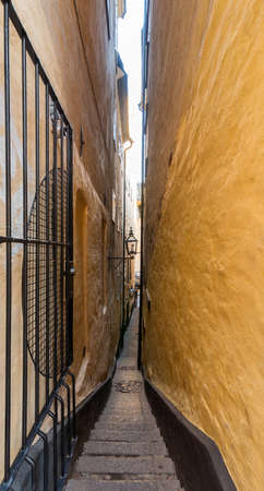 Alley of Marten Trotzig, Swedish: Marten Trotzigs grand, the narrowest street in Stockholm with 36 steps and 90 centimetres width, located in Gamla stan, the old town of Stockholm, Swedenの写真素材