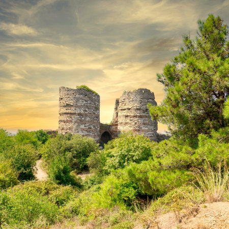 Ruins of Yoros Castle, Yoros Kalesi, or Genoese Castle, an ancient Byzantine castle at the confluence of Bosphorus and Black Sea in Anadolu Kavagi, Istanbul, Turkeyの写真素材