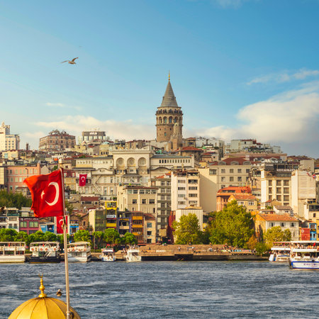 City view of Istanbul city, Turkey, from the sea with Galata Tower in the far end, before sunsetのeditorial素材