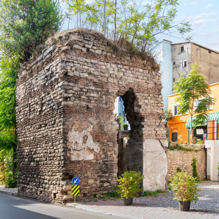 Old stone bricks wall ruins at Balat district, in a sunny summer day, Istanbul, Turkeyの写真素材