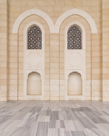 Two adjacent arched niches with modern architectural design at the courtyard of Camlica Mosque,...