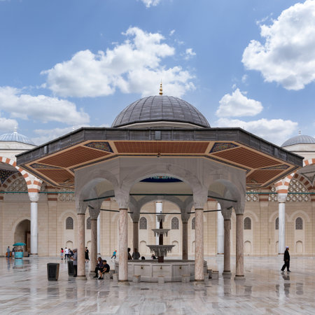 Istanbul, Turkey - September 1, 2022: Ablution fountain at the courtyard of Grand Camlia Mosque, or Buyuk Camlica Camii, a modern Islamic complex, built in 2019, located in Camlica hill, Uskudarのeditorial素材