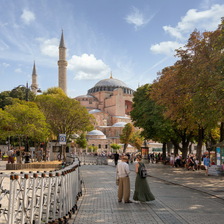 Istanbul, Turkey - August 30 2022: Tourists and locals near to Hagia Sophia Mosque, or Ayasofya Camii, formerly a Greek Orthodox church, during Victory Day holidayのeditorial素材