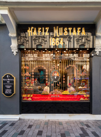 Istanbul, Turkey - May 13, 2023: Display window of Hafiz Moustafa, an old traditional Turkish Delight shop, in Istiklal Street, near Taksim Squareのeditorial素材