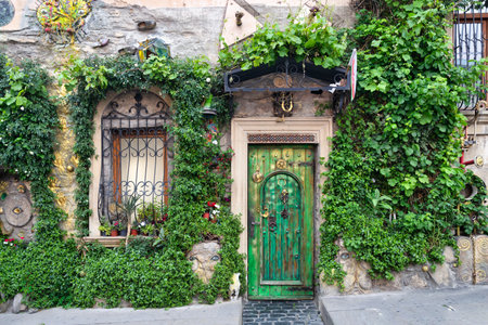 A striking green door framed by lush greenery and ornate windows enhances the historic beauty of Icherisheher, Baku. The natural elements add life to the traditional architectureの写真素材