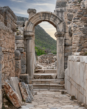 The ancient ruins of the Bouleuterion, a significant structure in Ephesus. The stone architecture...