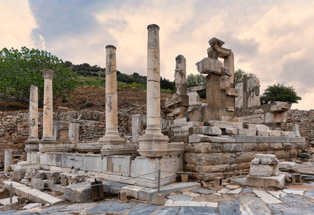 The Memmius Monument, Ancient City of Ephesus, Turkey. Roman ruins, an architectural arrangement of...