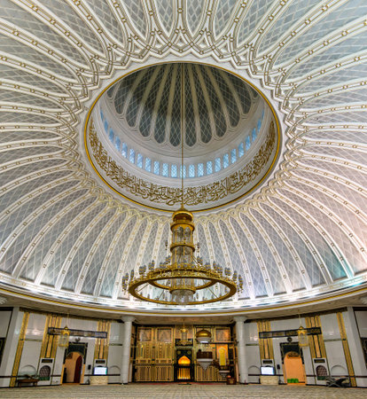Jame Asr Hassanil Bolkiah Mosque interior, Bandar Seri Begawan, Brunei. Ornate dome, golden...
