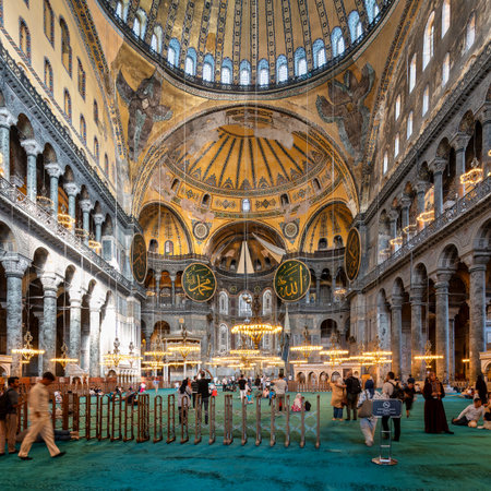 Istanbul, Turkey - June 13, 2025: Hagia Sophia interior. Grand dome, ancient mosaics, Islamic...