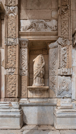Headless statue of Ennoia at the Library of Celsus, ancient Roman ruins in Ephesus, Turkey....