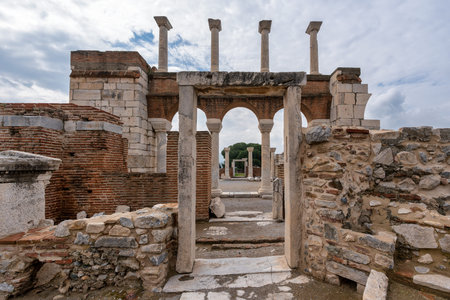Ancient ruins of the Basilica of St John, Selcuk Izmir Turkey, featuring weathered stone columns and...