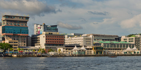 Bandar Seri Begawan, Brunei - February 24, 2025: Waterfront skyline featuring Bangunan Giok Tee,...