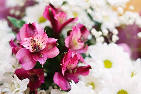 Floral composition of white chrysanthemum and rose Alstroemeria flowers. Birthday, Mothers day,...