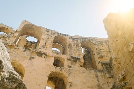 Sunlight in the ruins of an ancient Roman amphitheater in El Jem, Tunisiaのeditorial素材