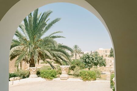 The Scenic garden with the capitals of the ancient columns in the courtyard of the archaeological museum of El Jem, villa Africa, Tunisiaのeditorial素材