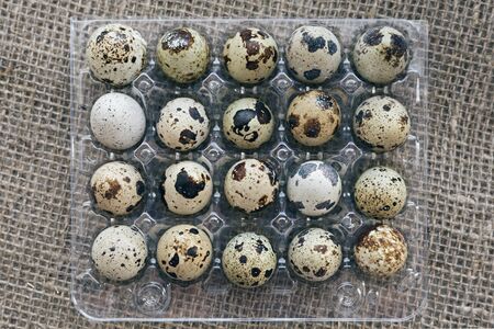 Quail eggs in transparent packaging on a rough canvas. Healthy eating concept. Close-up, top view