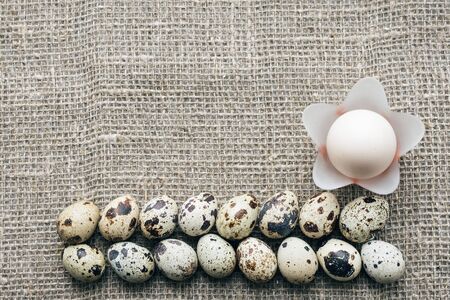 Composition of Easter eggs on a background of rough canvas. Happy easter banner, top viewの写真素材