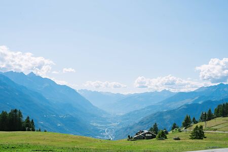 Panoramic view of Saint-Vincent, a commune in the autonomous region of Valle d'Aosta. A mountain pass from the Aosta Valley to the Ayas Valley, one of the best places in Brusson, Italyの写真素材