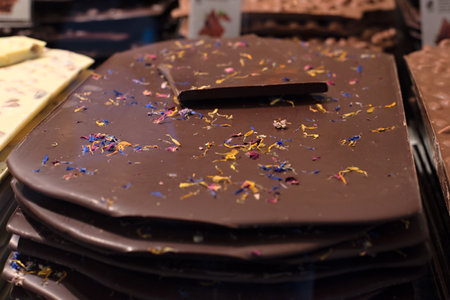 Typical sales of huge chocolate bars at the store in Lugano. Famous Swiss chocolate on saleの写真素材