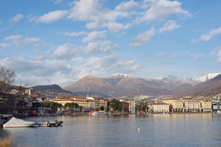 View of Lugano and the mountains on a sunny winter day. Nice weather on Lake Lugano: Switzerland - January, 2020のeditorial素材