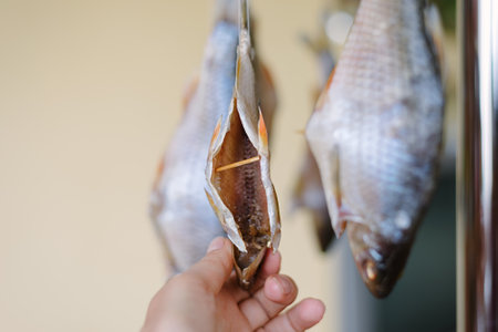 Dried river fish hanging on hooks. The process of preparing snacks for beerの写真素材