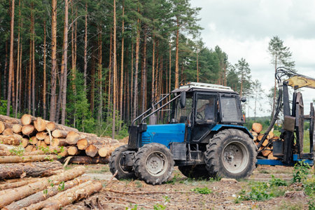 Pine forest harvesting machine at during clearing of a plantation. Wheeled harvester sawing trees and clearing forestsの写真素材