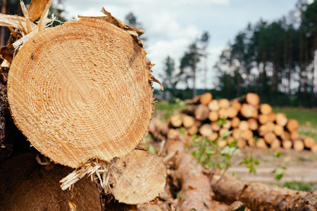 Piles of wooden. Warehouse outdoors. Pine wood timber stack. Lumber Industryの写真素材