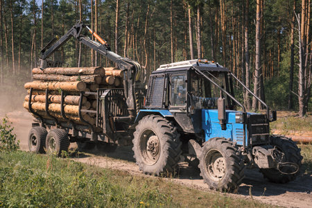 Tractor removes harvested wood from the forest. Forestry