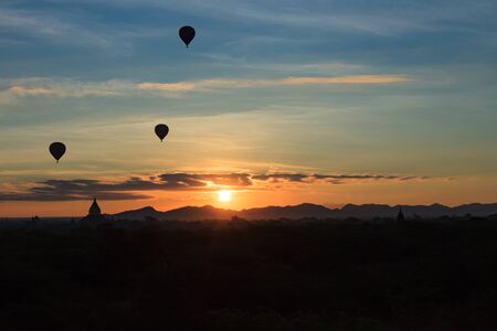 Hot Air Balloons at dawn over the temples of Bagan, Myanmarの写真素材