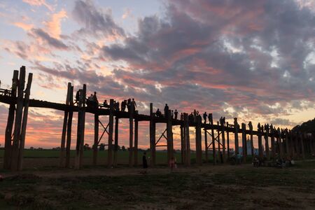 The U Being walking bridge at sunset, Mandalay, Myanmar
