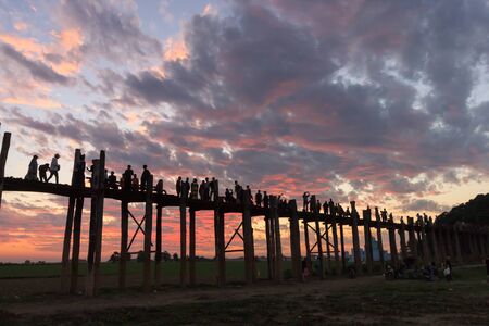 The U Being walking bridge at sunset, Mandalay, Myanmarの写真素材