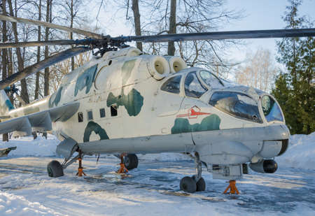 Zelenodolsk, Tatarstan, Russia - February 06, 2016: Victory Park. Transport and combat helicopter MI-24, monument. Military equipmentのeditorial素材