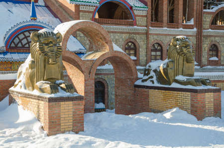 Kazan, Republic of Tatarstan, Russia - February 13, 2016: Settlement Old Arakchino. Two bronze lions at the entrance to the temple of all religions. The Ecumenical temple. International cultural center of spiritual unity. The architectural complex includeのeditorial素材