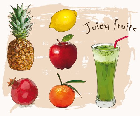 fresh juicy fruit set with green limonade on vintage background