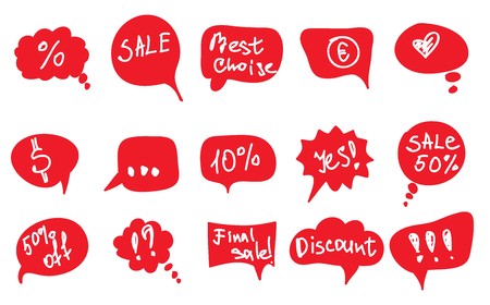 red vector speech bubbles with text on white backgroundのイラスト素材